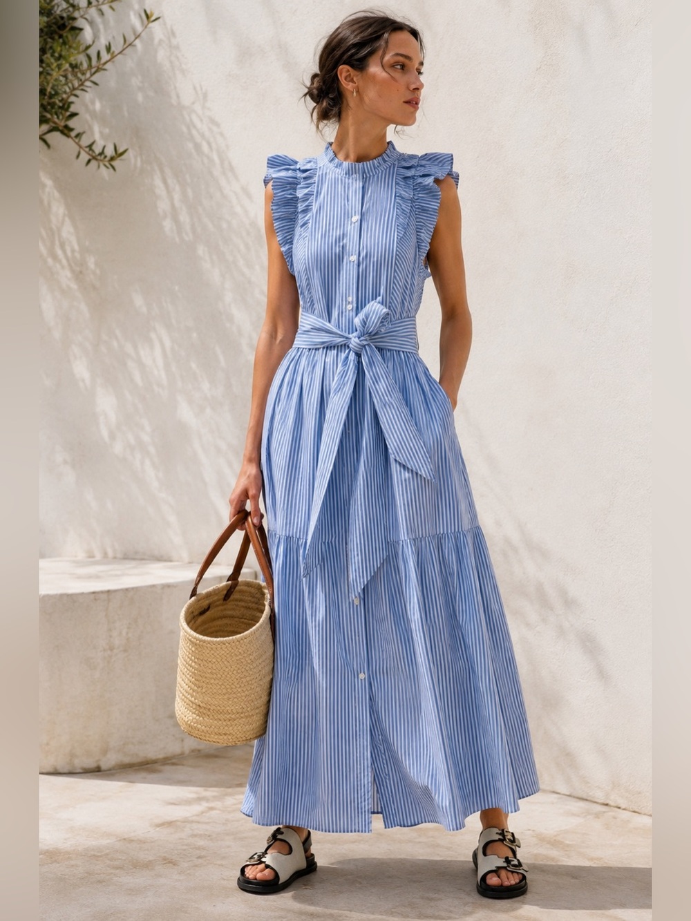 Striped Frill Sleeve Maxi Dress + Belt | ME+EM size 10